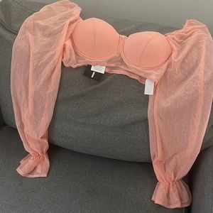 Coral crop top with sheer long sleeves